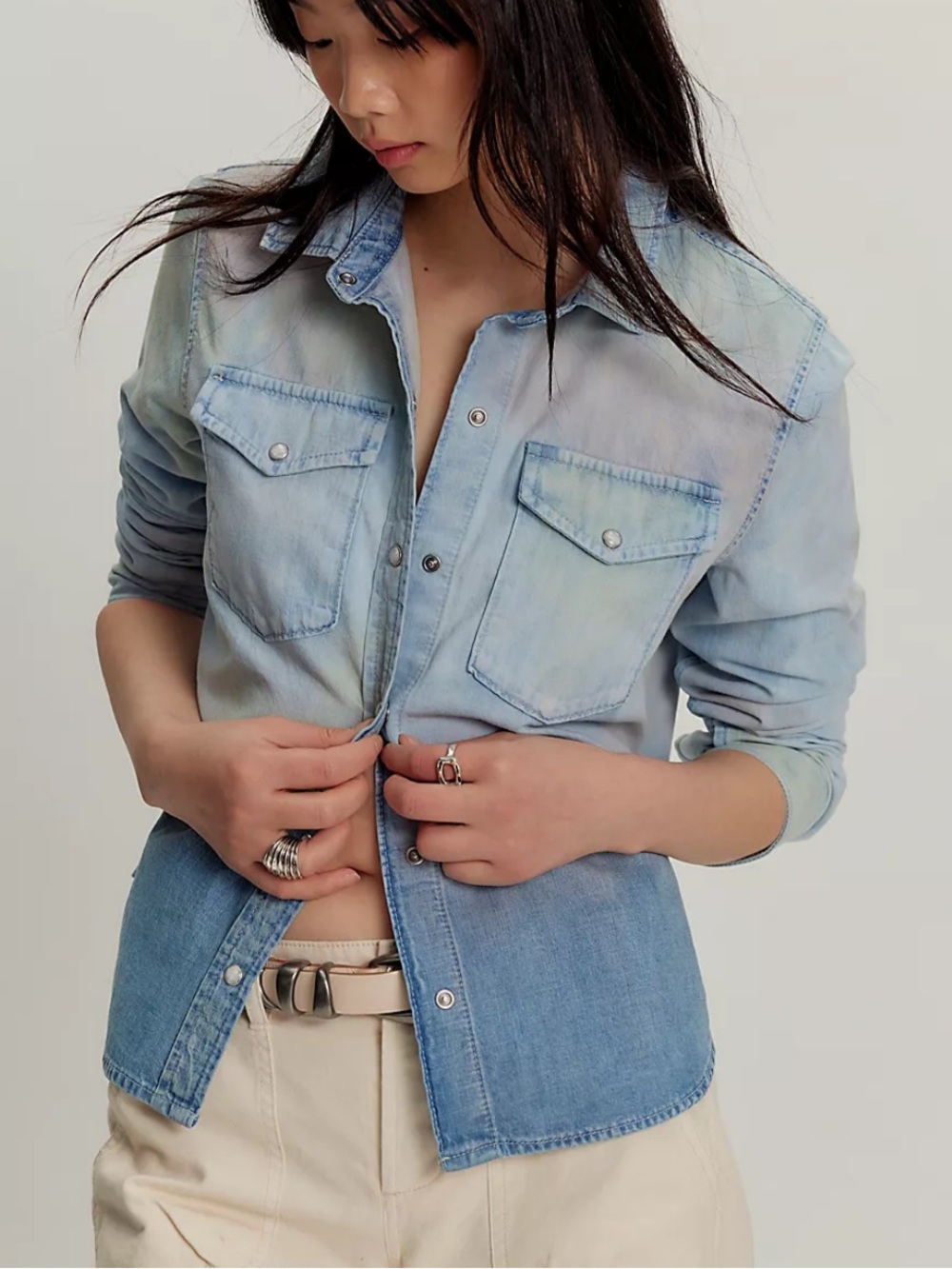 Free People We The Free Art Class Denim Button Down Large Pastel Tie Dye NWT